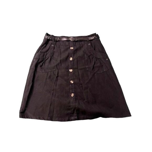 Black Linen Polyester Belted Skirt with Pockets Button Front Skirt - Picture 1 of 5